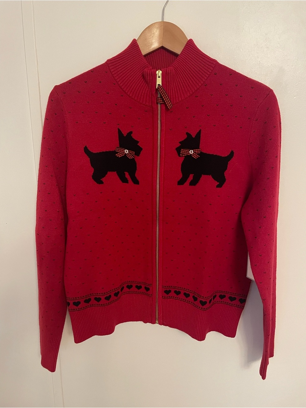 Calligraphie Red Zip-Front Women’s Cardigan Sweater with Scottie Dog Motif Sz M